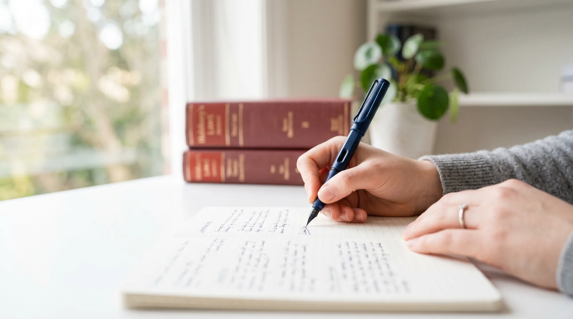 Hand schreibt mit Füller ein Gutachten auf Papier