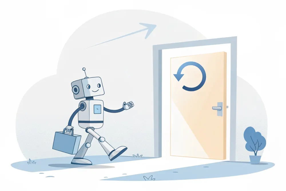Illustration: ein Roboter kommt durch eine Tür zurück, darüber ein Wiederhol-Pfeil