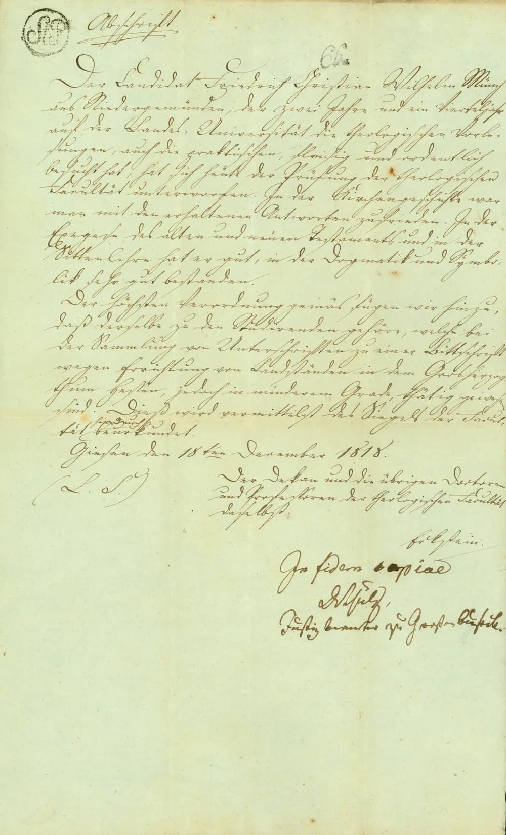 Certificate from the University of Gissen to Friedrich Muench, December , — Gießen