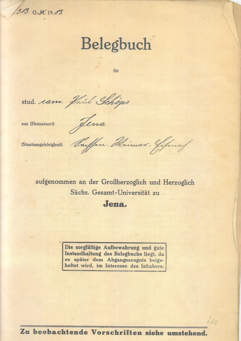 Paul Schöps, Belegbuch, aufgenommen Gesamt-Universität zu Jena, — Jena