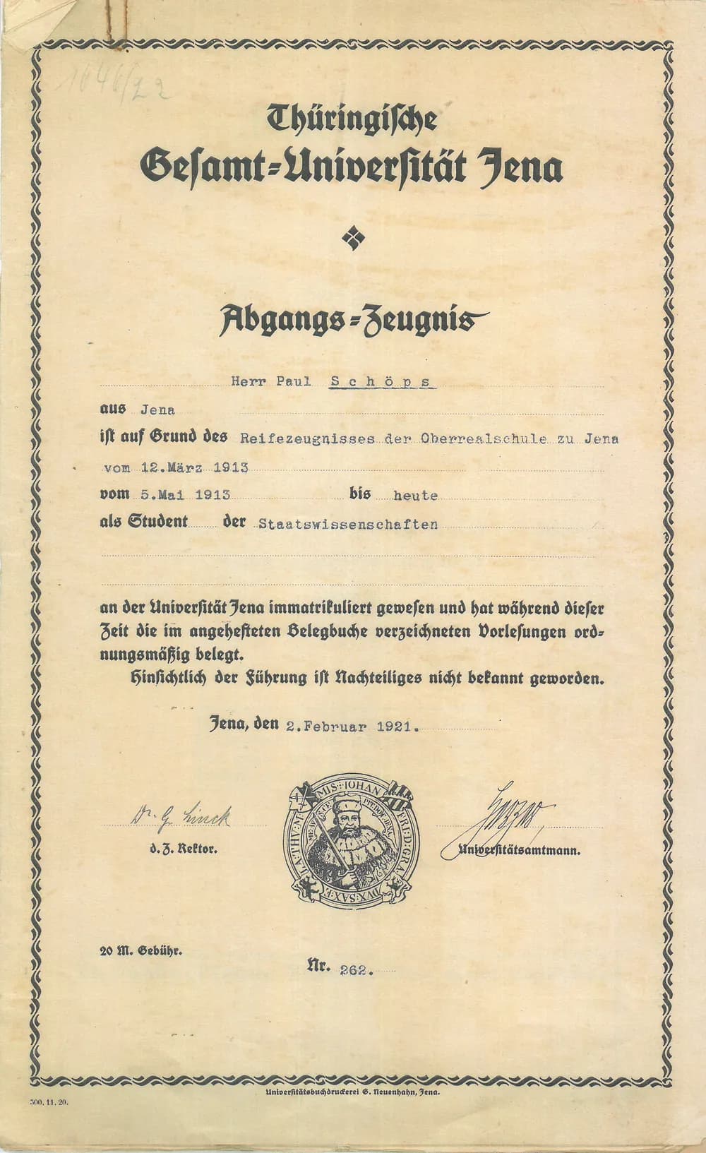 Paul Schöps, Abgangszeugnis Gesamt-Universität Jena, — Jena