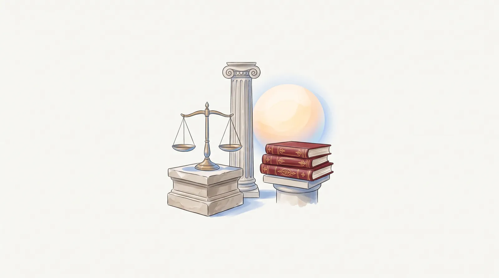 Eine antike ionische Säule auf einem steinernen Fundament, davor eine ausbalancierte Waage der Gerechtigkeit und daneben rote Gesetzbücher, dahinter aufgehendes Licht — Sinnbild der Rechtsphilosophie als Fundament des Rechts.