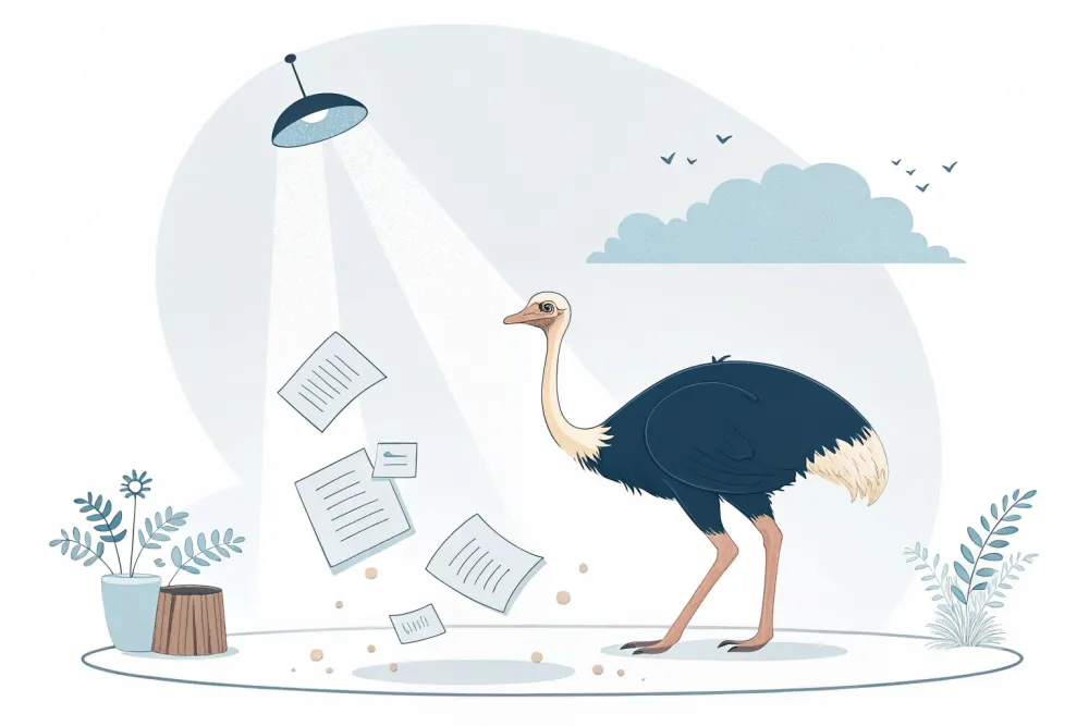 Illustration: ein Strauß ignoriert einen Wirbel herabfallender Aktenblätter