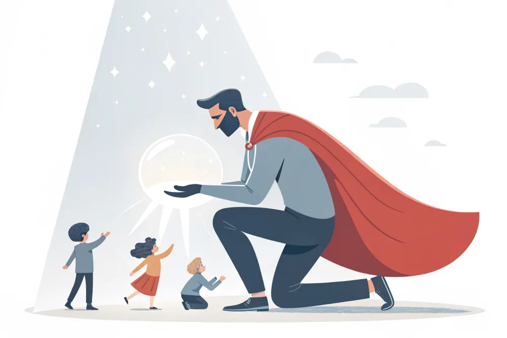 Illustration: eine Heldenfigur hält behutsam eine zerbrechliche leuchtende Kugel und schützt kleine Menschen