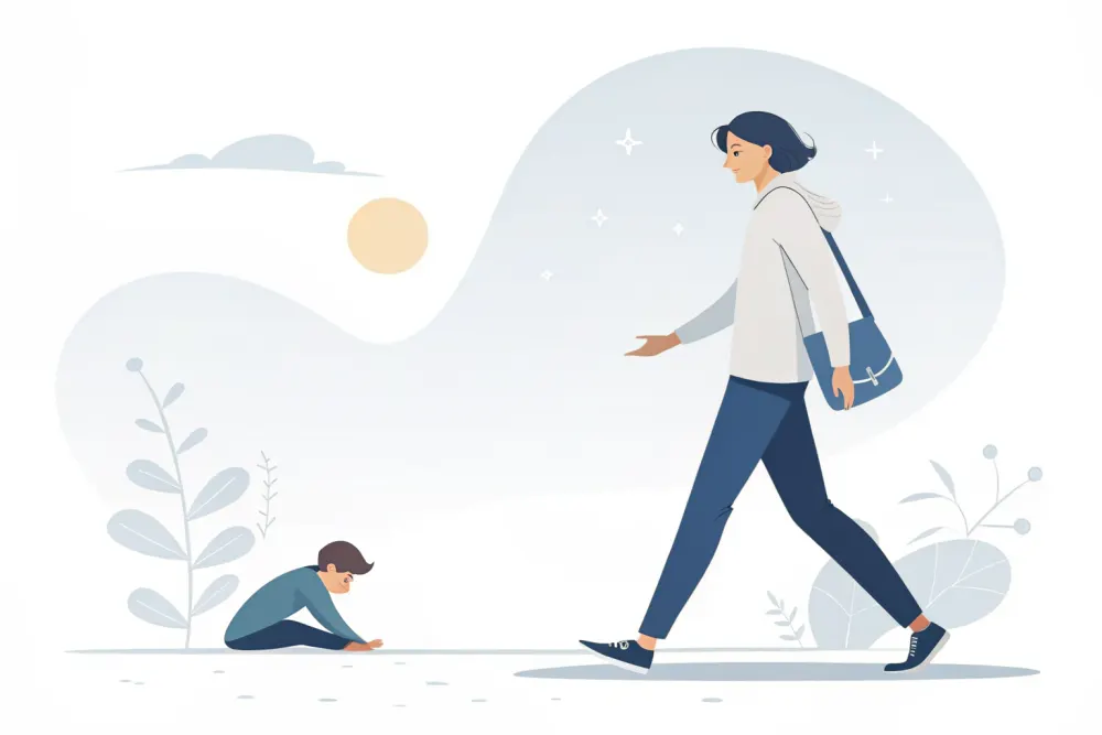 Illustration: eine Person geht gleichgültig weiter, während hinter ihr jemand gestürzt am Boden sitzt