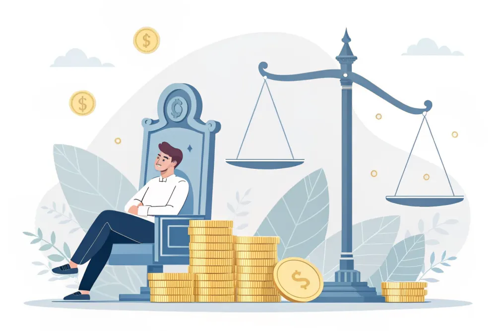 Illustration: eine Figur thront auf Münzstapeln, daneben eine Waage der Justiz