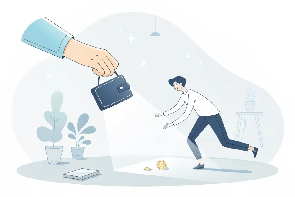 Illustration: eine Hand greift nach einer gefundenen Geldbörse
