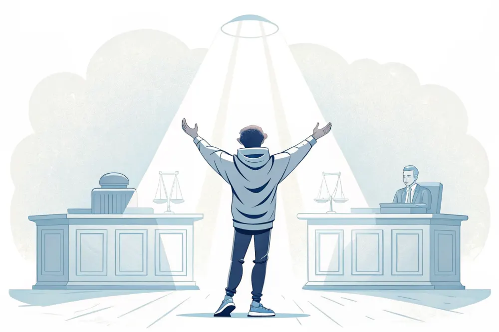 Illustration: eine Figur blickt in einen Lichtstrahl, daneben leere Richterbänke