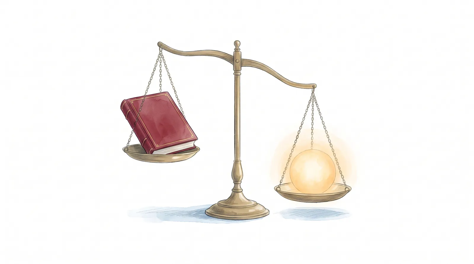 Eine Waage der Gerechtigkeit: in der einen Schale ein rotes Gesetzbuch, in der anderen ein warm leuchtendes Licht, das die Bücher-Schale nach oben hebt — Sinnbild dafür, dass extremes gesetzliches Unrecht der Gerechtigkeit weichen muss.